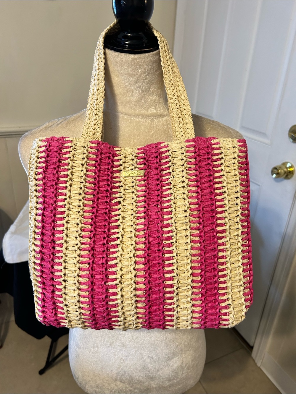 New Kopari Limited Edition Raffia Pink/Natural Striped Beach Tote Bag